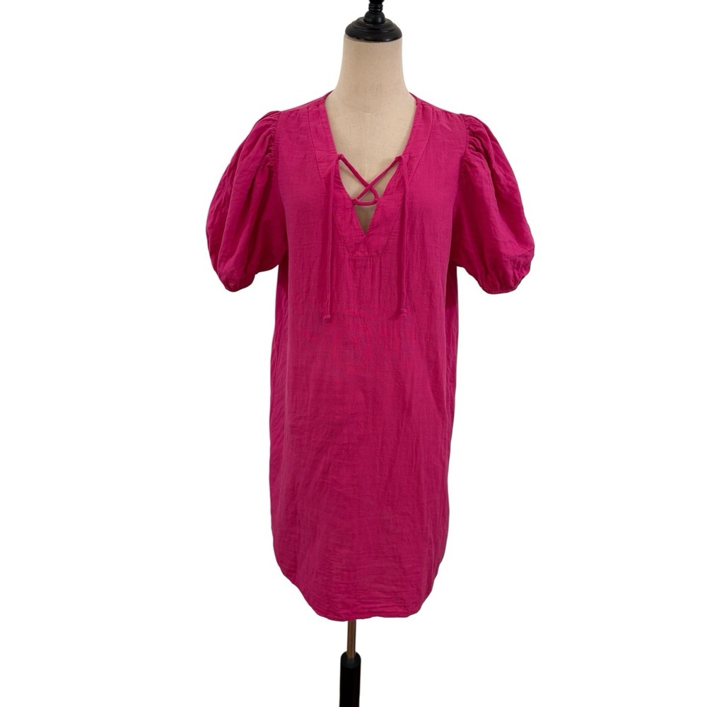 Amadi Pink Gauzy Cotton Dress Midi‎ Sz L Puff Sleeves Boho Laggon Look